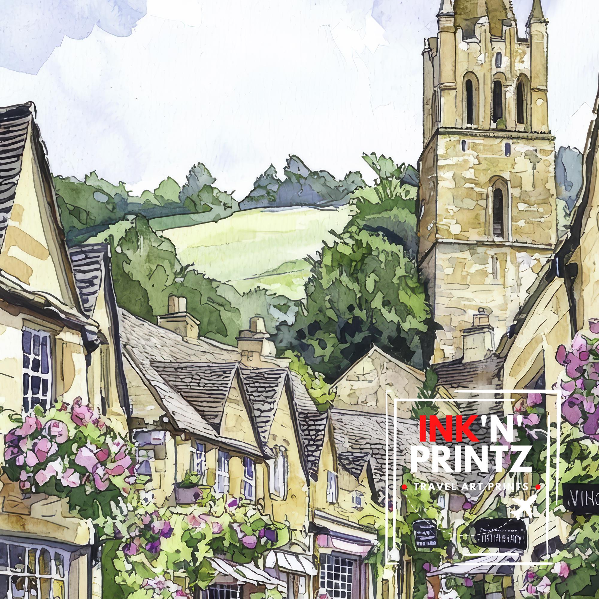 Winchcombe Cotswolds Watercolor Art Print, English Village Painting, Sudeley Castle UK Travel Gift