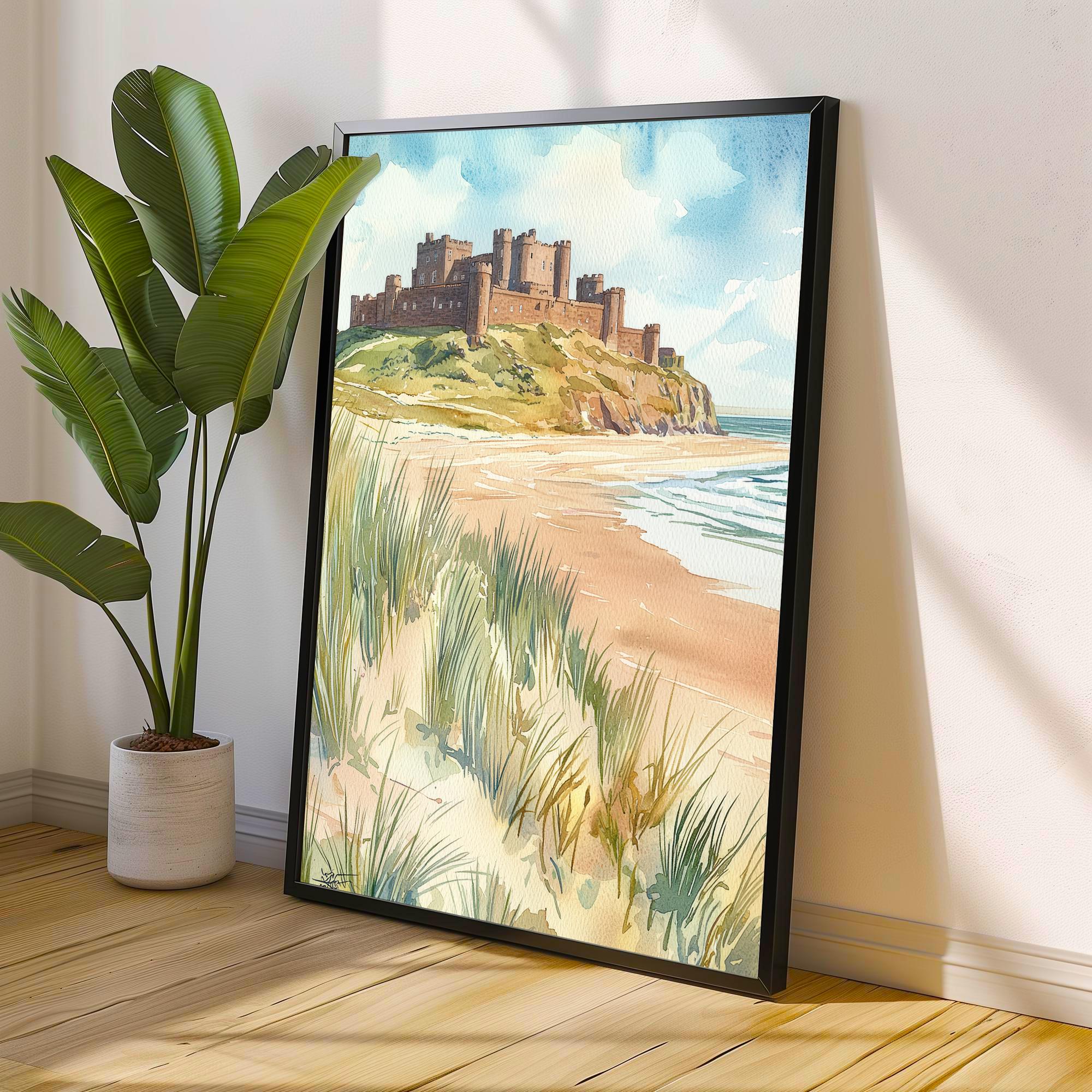 Bamburgh Castle Watercolor Art Print, Northumberland Coast Painting, England Seaside Wall Decor, British History Gift