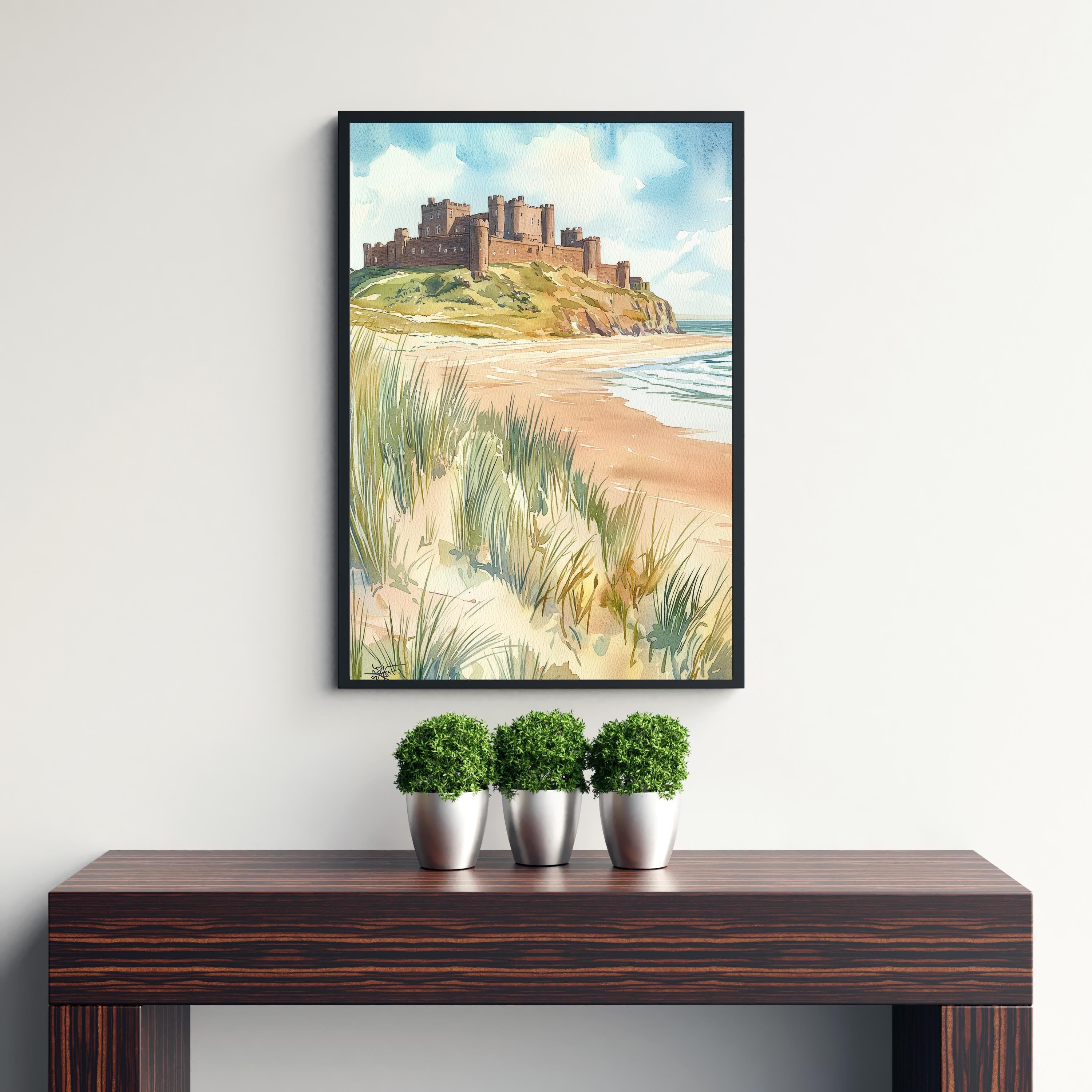 Bamburgh Castle Watercolor Art Print, Northumberland Coast Painting, England Seaside Wall Decor, British History Gift