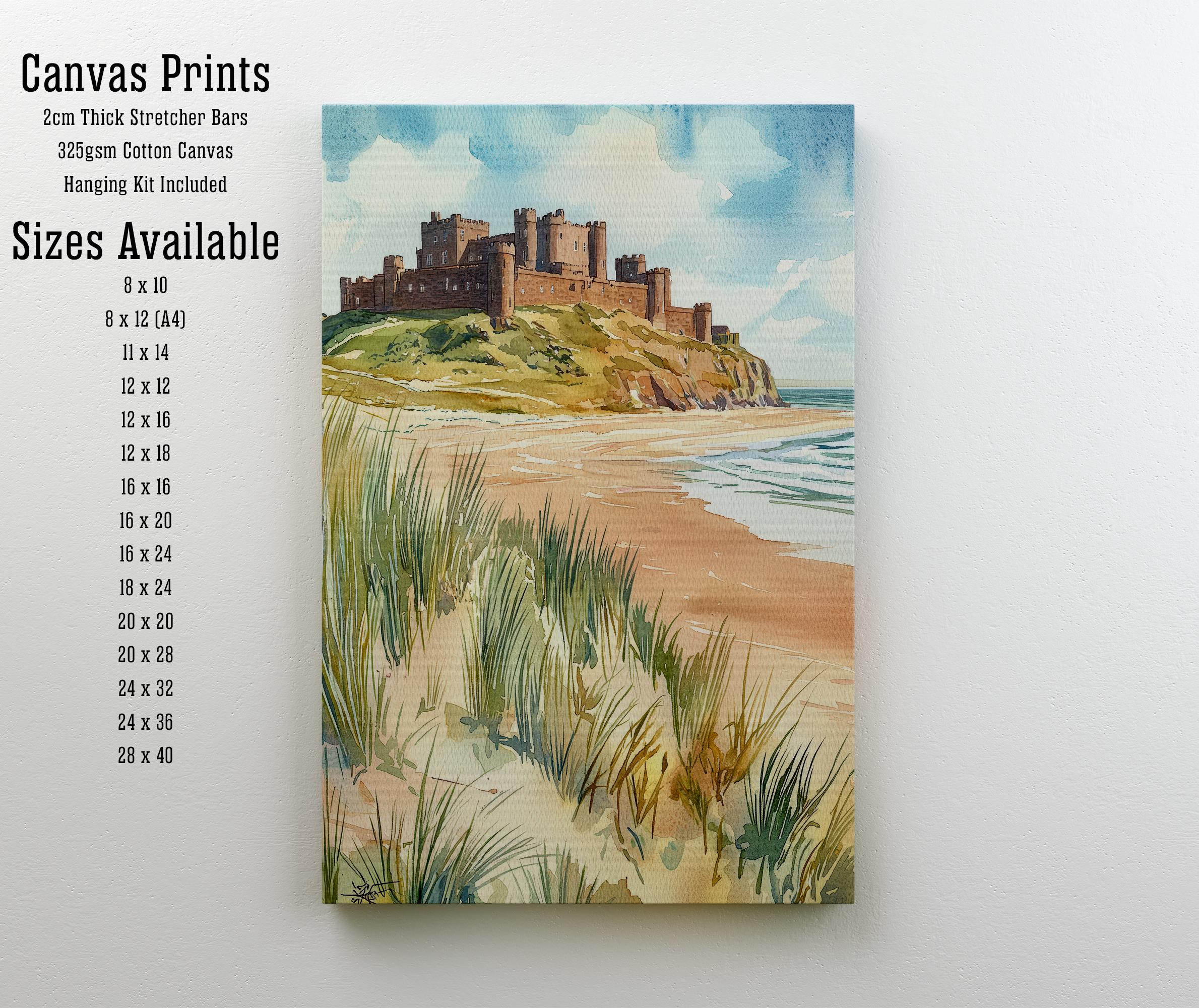 Bamburgh Castle Watercolor Art Print, Northumberland Coast Painting, England Seaside Wall Decor, British History Gift