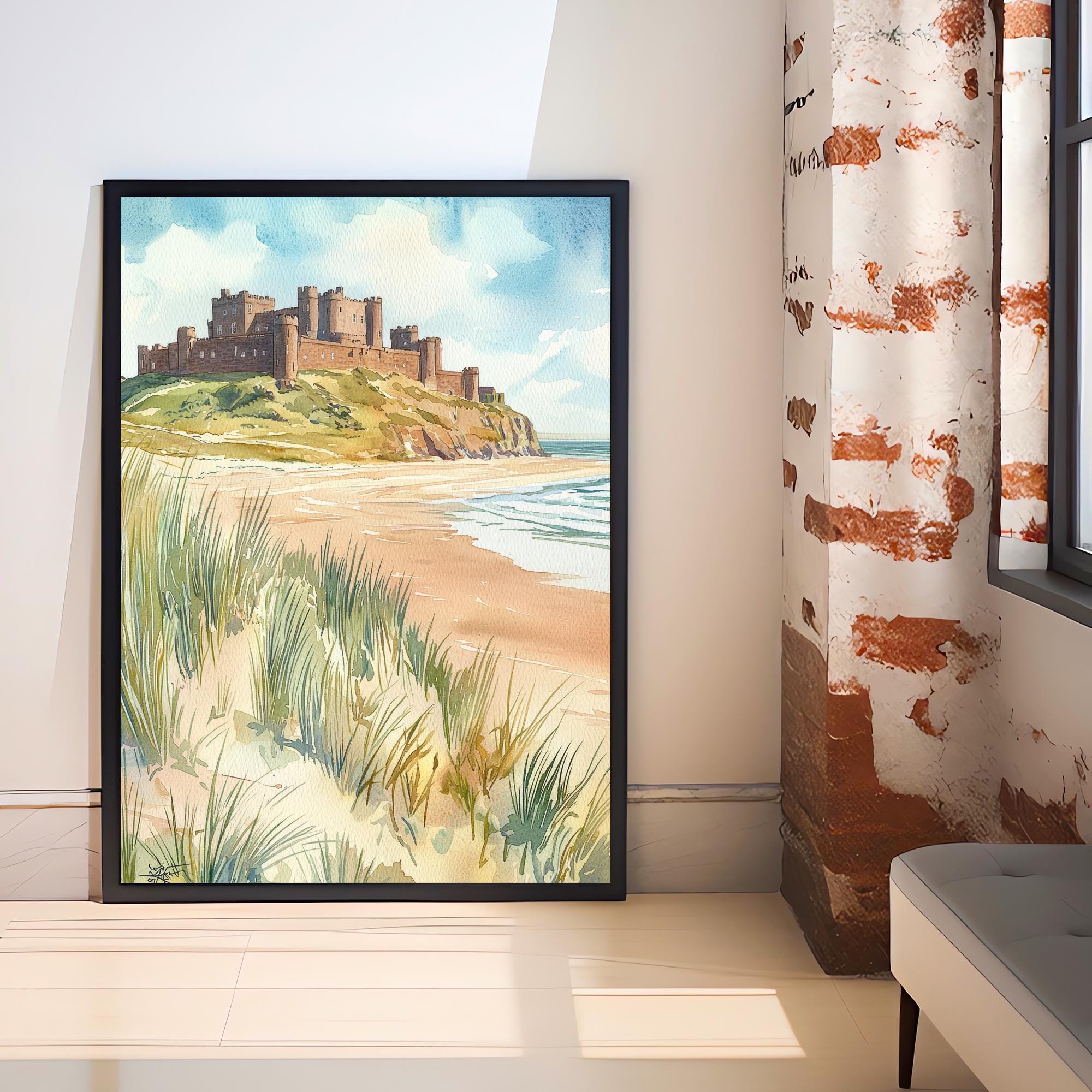 Bamburgh Castle Watercolor Art Print, Northumberland Coast Painting, England Seaside Wall Decor, British History Gift