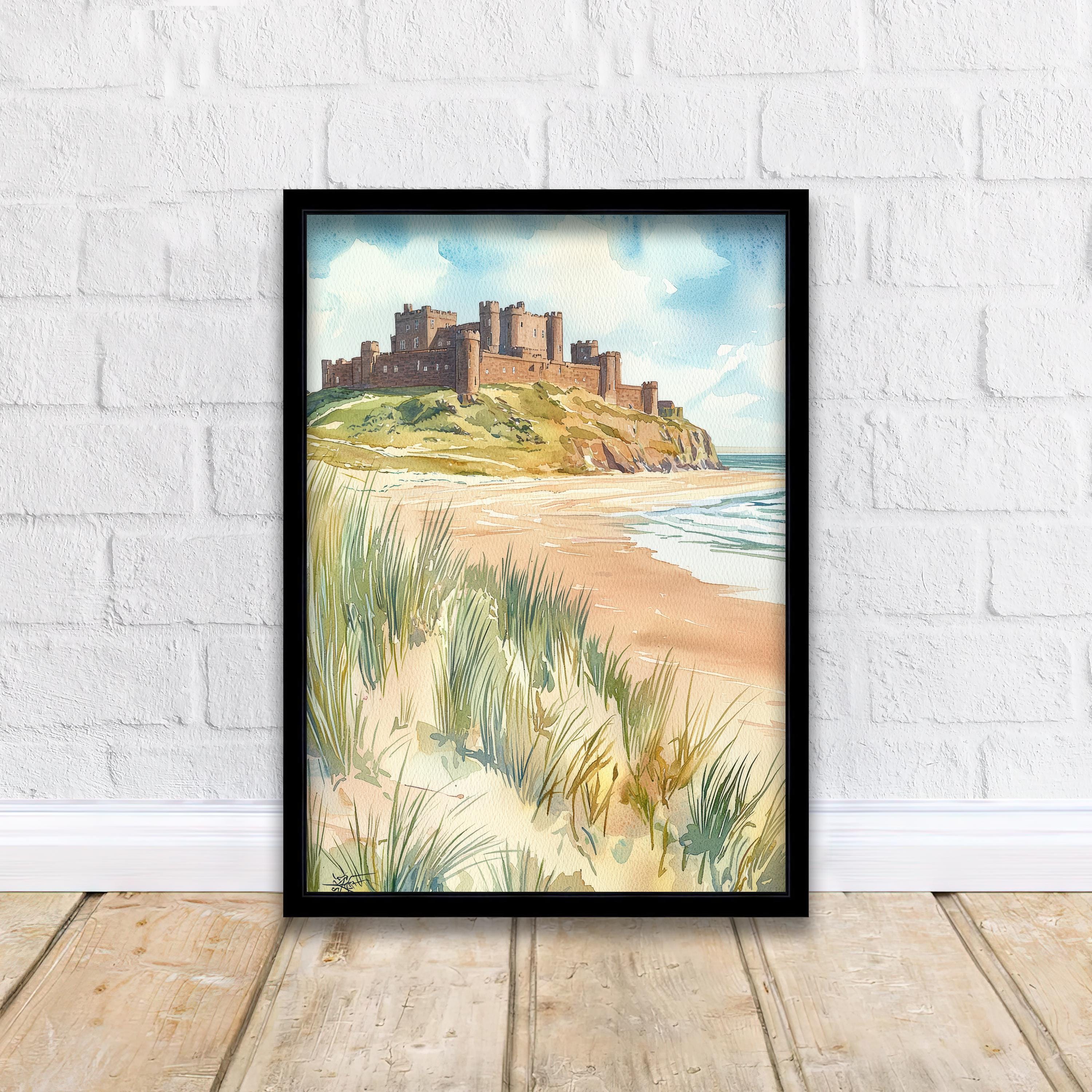 Bamburgh Castle Watercolor Art Print, Northumberland Coast Painting, England Seaside Wall Decor, British History Gift