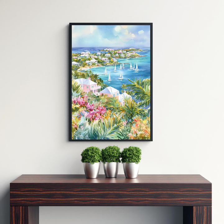 Bermuda Watercolor Art Print, Pink Sand Beach Painting, Tropical Island Wall Decor, Travel Gift