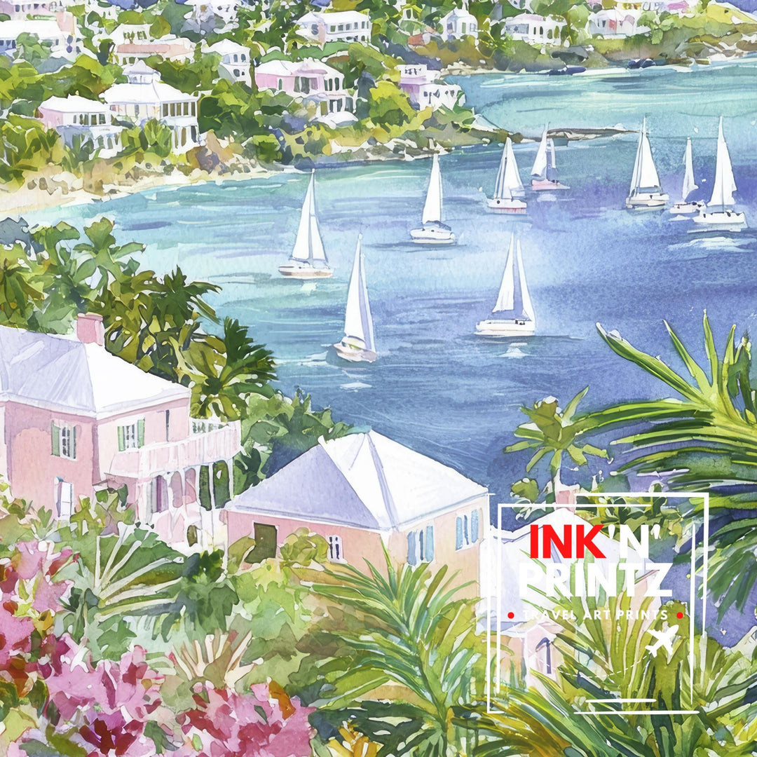 Bermuda Watercolor Art Print, Pink Sand Beach Painting, Tropical Island Wall Decor, Travel Gift
