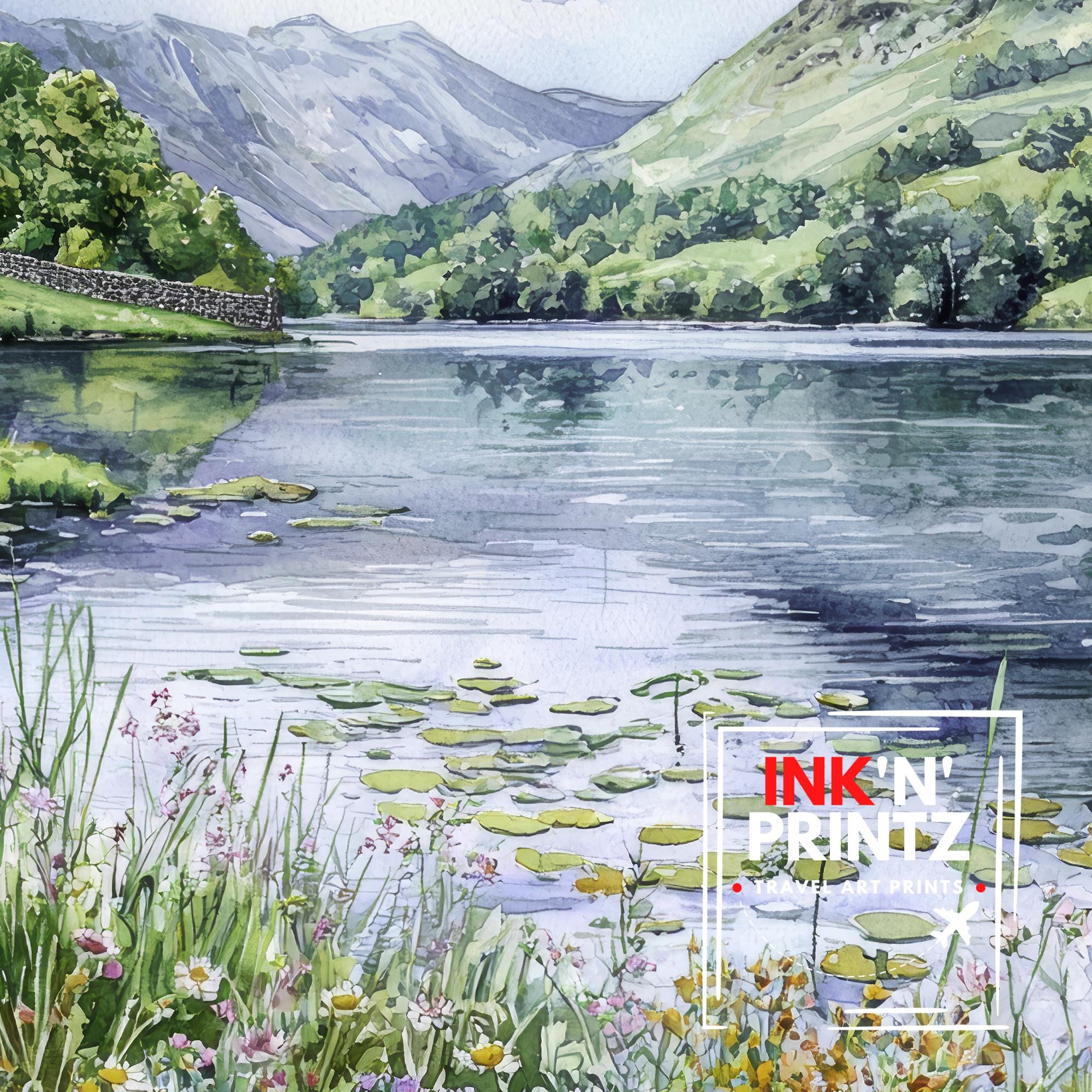 Grasmere Lake District Watercolor Art Print, William Wordsworth Painting, UK Landscape Wall Decor, Hiking Gift