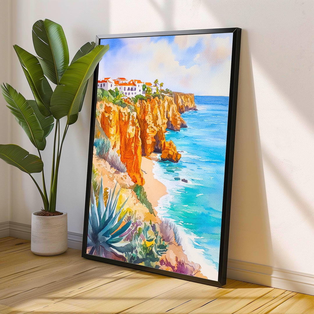 Algarve Watercolor Poster Painting Portugal Coastal Wall Art Praia da Marinha Scenic Cliffside Decor Gift for Europe Lovers and Seaside Fans