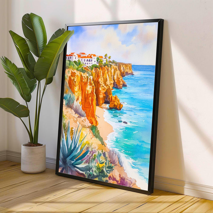 Algarve Watercolor Poster Painting Portugal Coastal Wall Art Praia da Marinha Scenic Cliffside Decor Gift for Europe Lovers and Seaside Fans