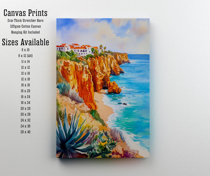 Algarve Watercolor Poster Painting Portugal Coastal Wall Art Praia da Marinha Scenic Cliffside Decor Gift for Europe Lovers and Seaside Fans