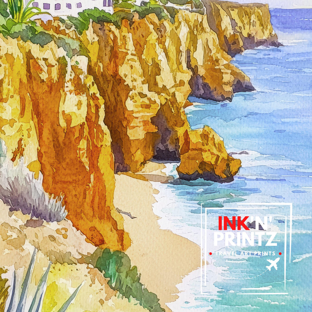 Algarve Watercolor Poster Painting Portugal Coastal Wall Art Praia da Marinha Scenic Cliffside Decor Gift for Europe Lovers and Seaside Fans