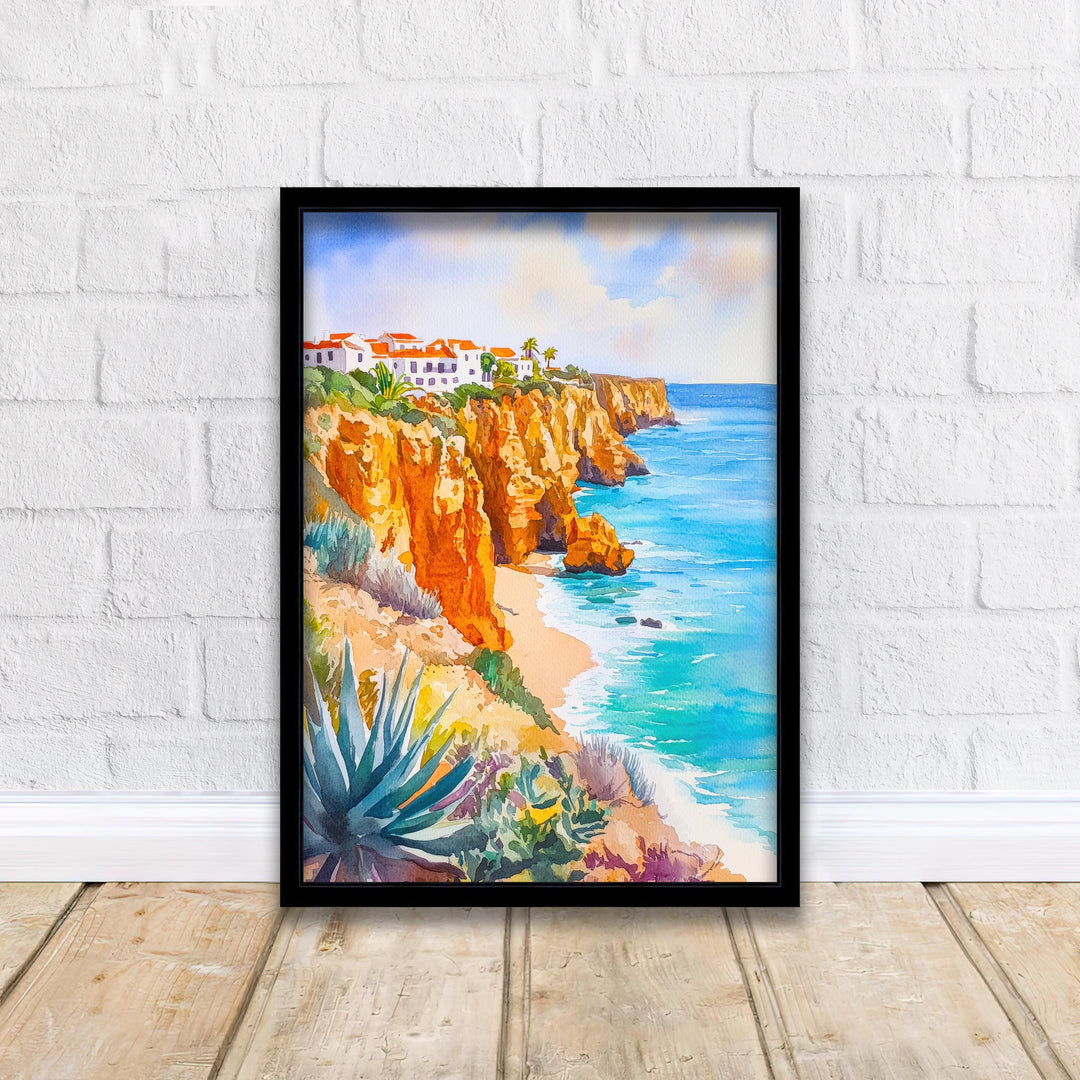 Algarve Watercolor Poster Painting Portugal Coastal Wall Art Praia da Marinha Scenic Cliffside Decor Gift for Europe Lovers and Seaside Fans