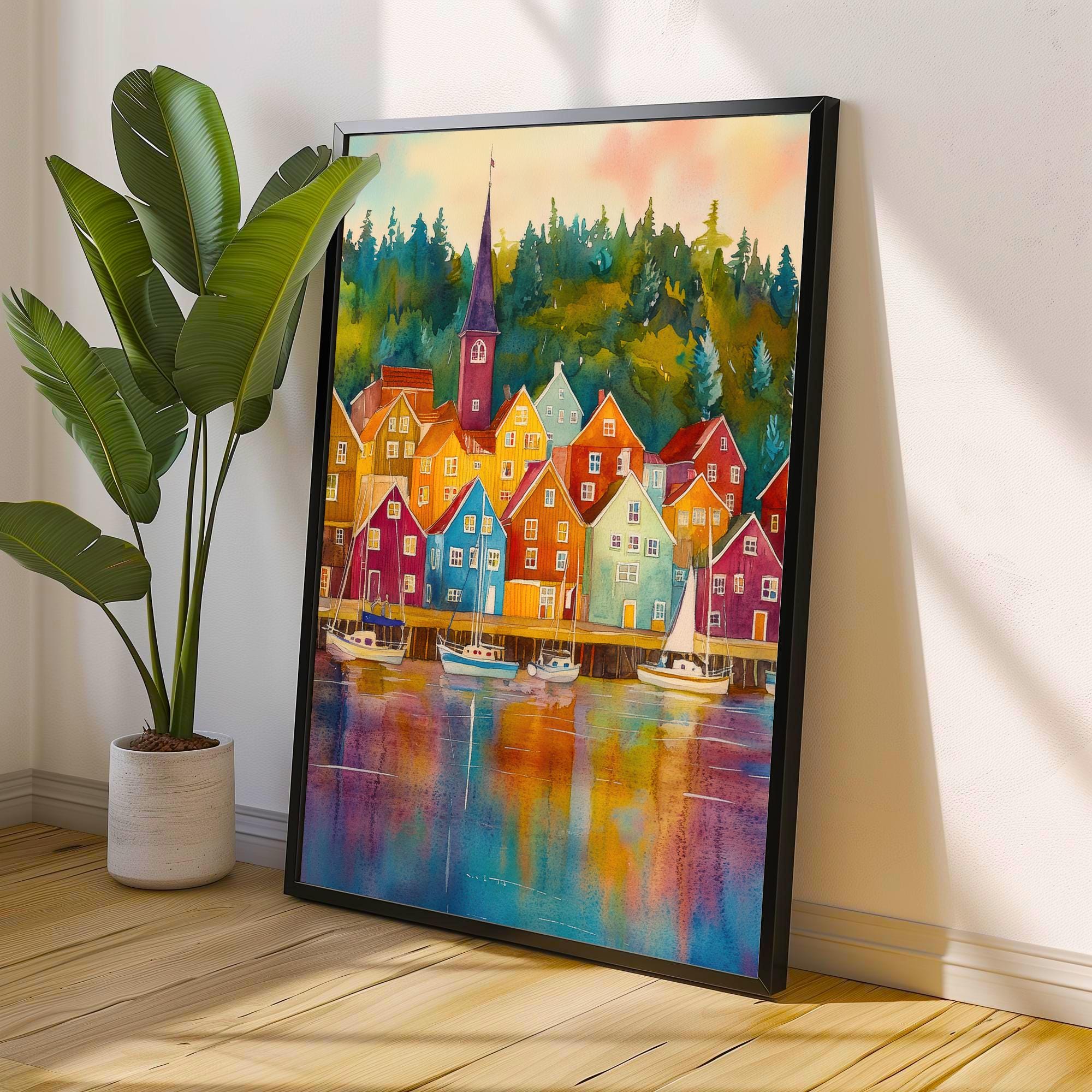 Bergen Watercolor Poster Painting Norway Wall Art Scandinavian City Print Colorful Harbour Decor Gift for Europe Lovers and Nordic Landscape