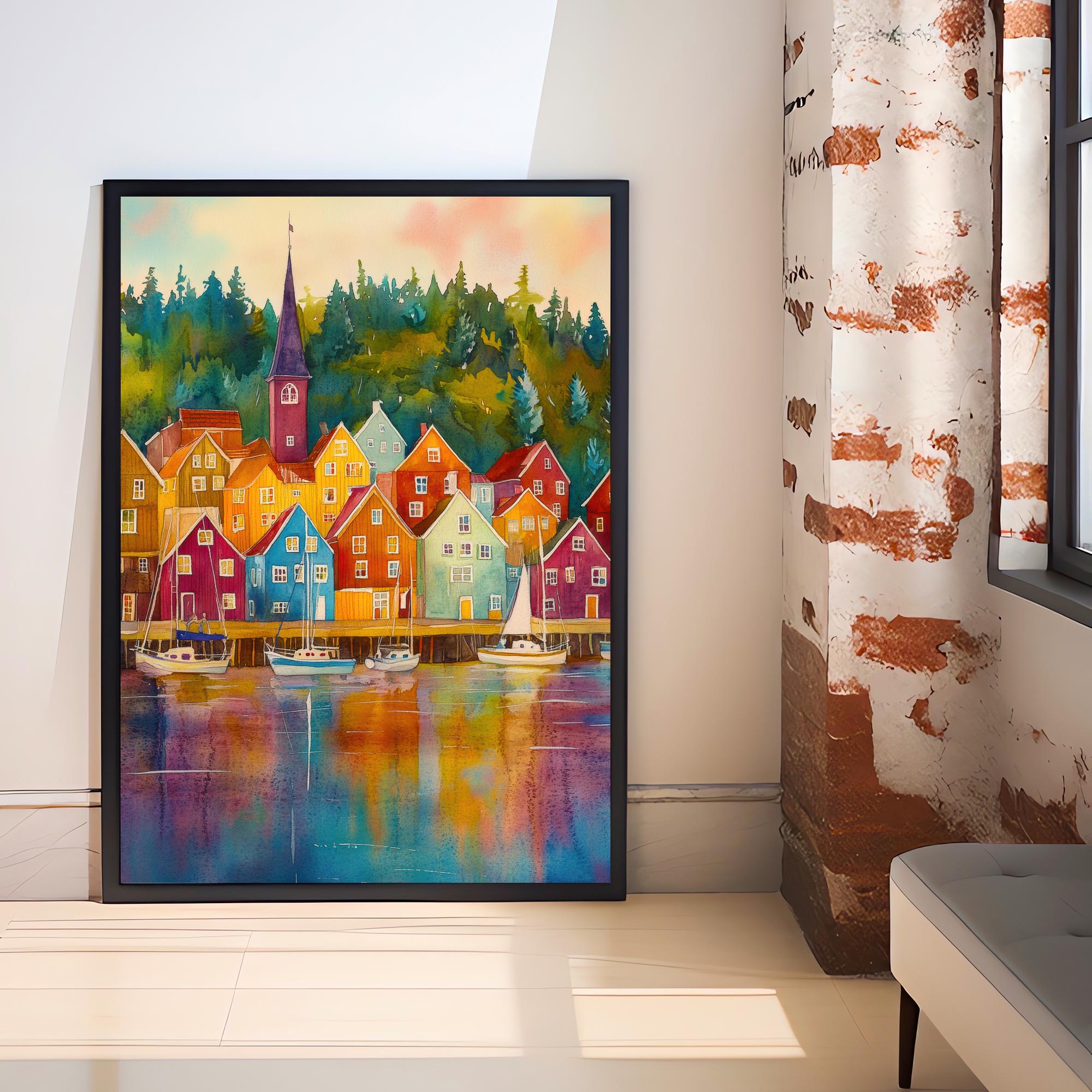 Bergen Watercolor Poster Painting Norway Wall Art Scandinavian City Print Colorful Harbour Decor Gift for Europe Lovers and Nordic Landscape