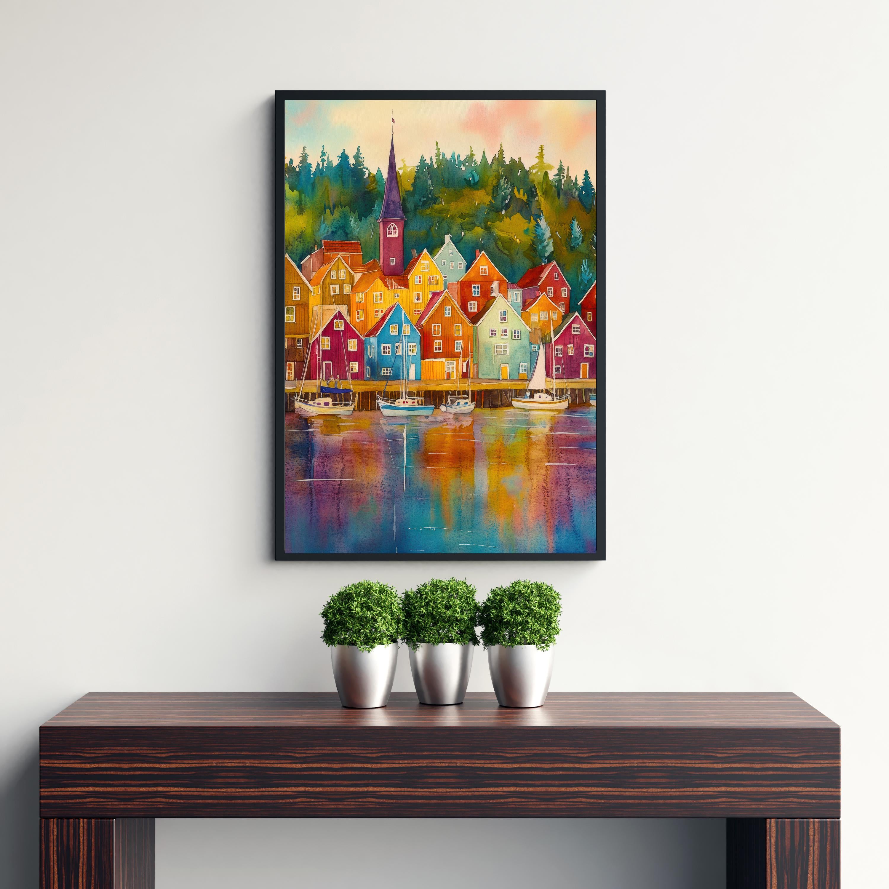 Bergen Watercolor Poster Painting Norway Wall Art Scandinavian City Print Colorful Harbour Decor Gift for Europe Lovers and Nordic Landscape