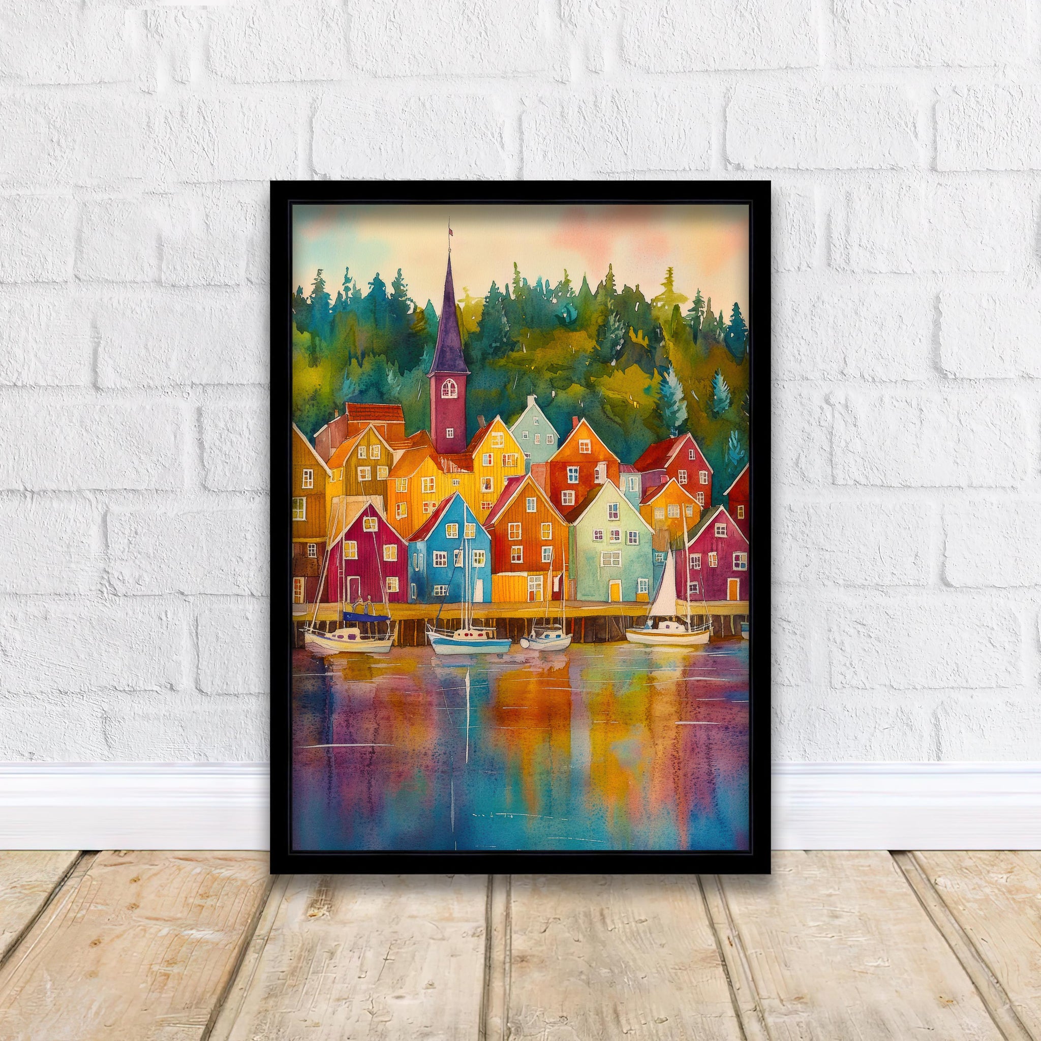 Bergen Watercolor Poster Painting Norway Wall Art Scandinavian City Print Colorful Harbour Decor Gift for Europe Lovers and Nordic Landscape