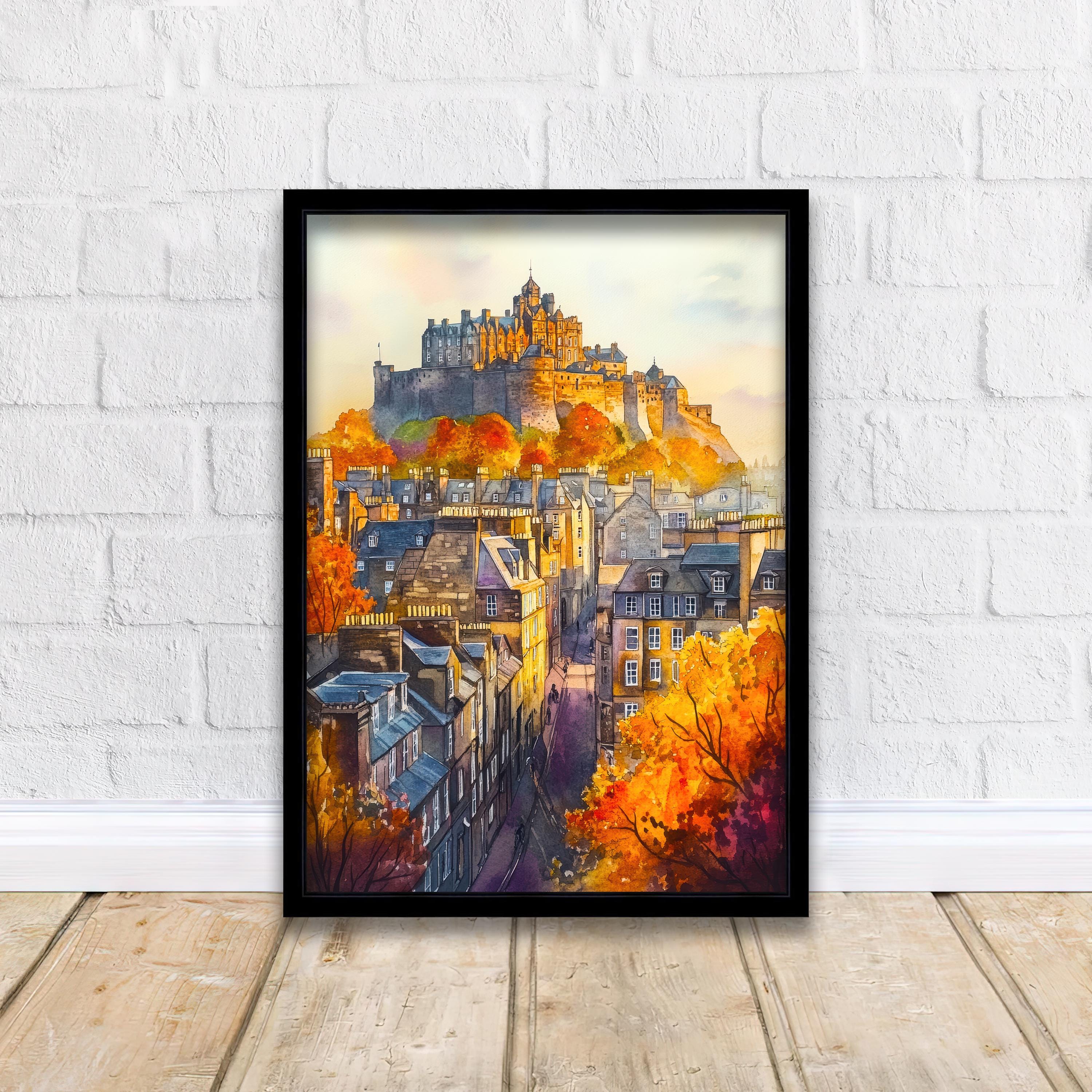 Edinburgh Watercolor Painting Poster Scotland Wall Art Historic City Print Castle Skyline Decor Gift for UK Travel Lovers and Scottish