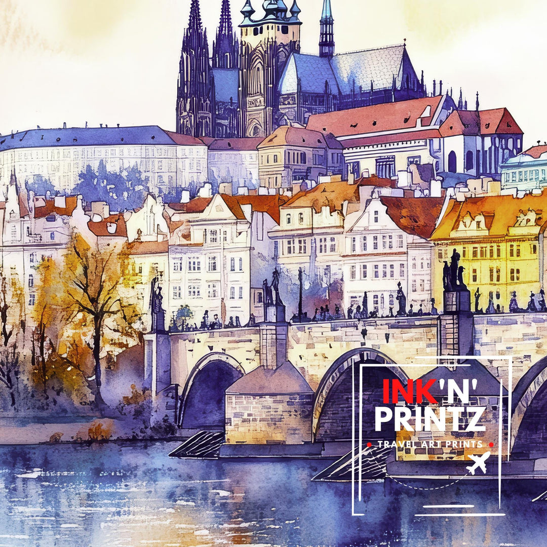 Prague Travel Poster Print Czech Republic Wall Art Historic City Decor Charles Bridge Skyline Gift for Europe Lovers and Fans of Scenic