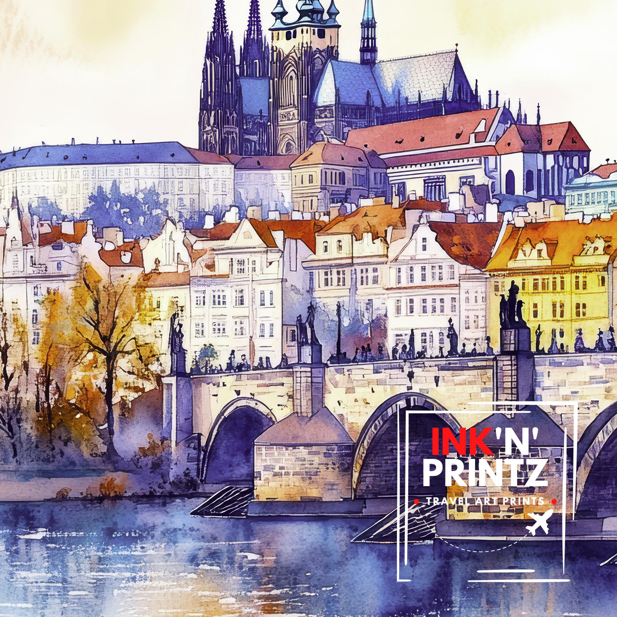 Prague Travel Poster Print Czech Republic Wall Art Historic City Decor Charles Bridge Skyline Gift for Europe Lovers and Fans of Scenic