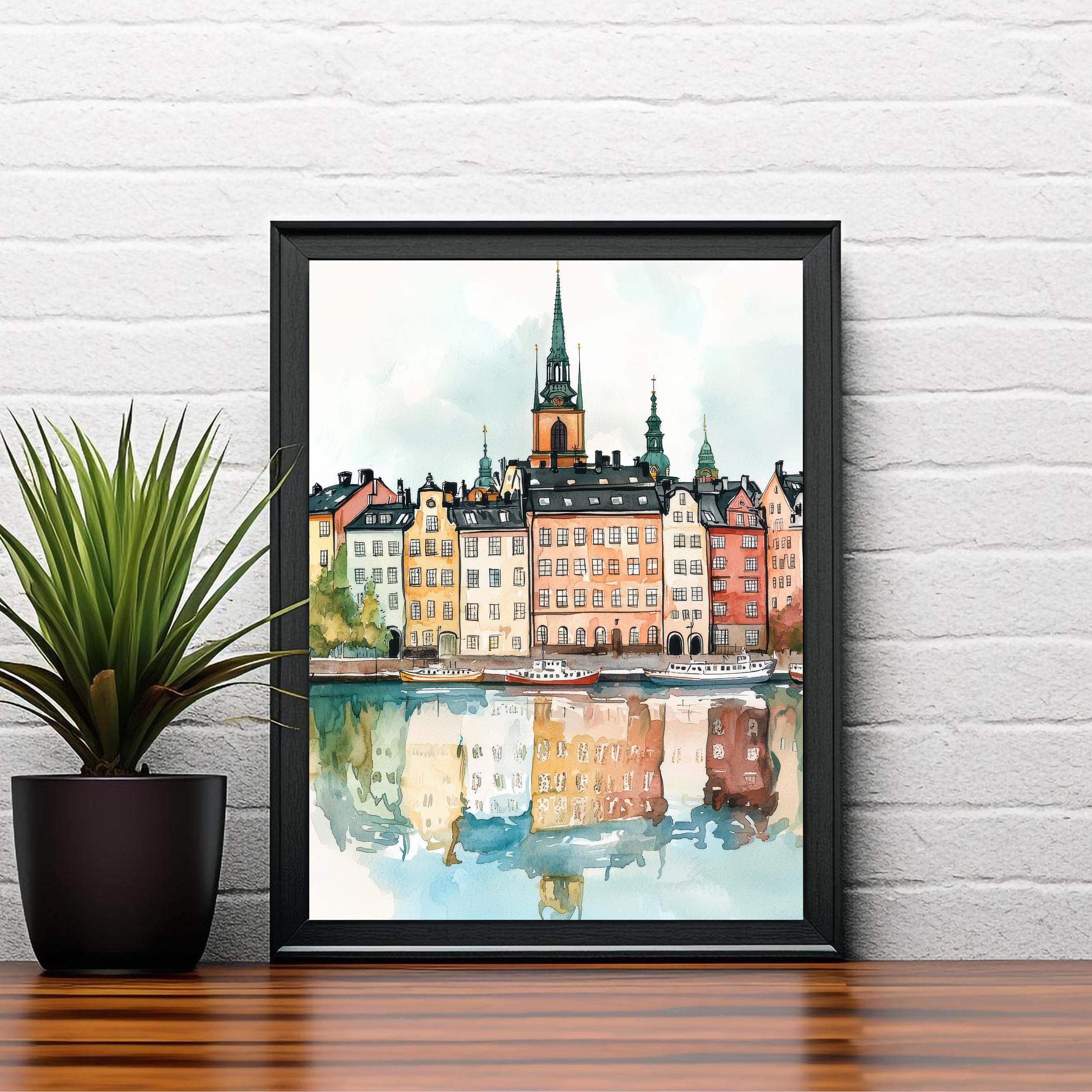 Stockholm Sweden Watercolor Art Print, Gamla Stan Painting, Scandinavia Travel Wall Decor, Cityscape Gift