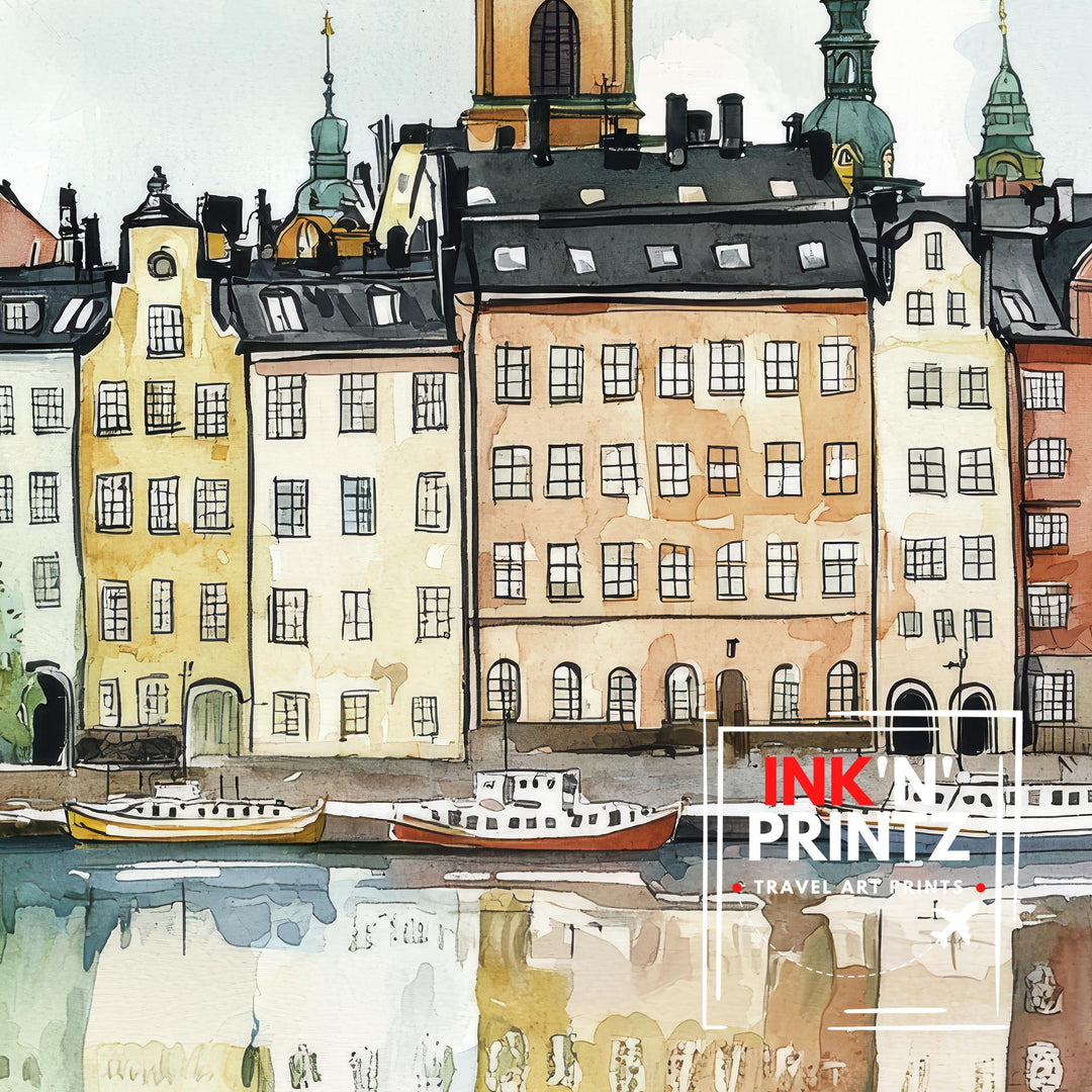 Stockholm Sweden Watercolor Art Print, Gamla Stan Painting, Scandinavia Travel Wall Decor, Cityscape Gift