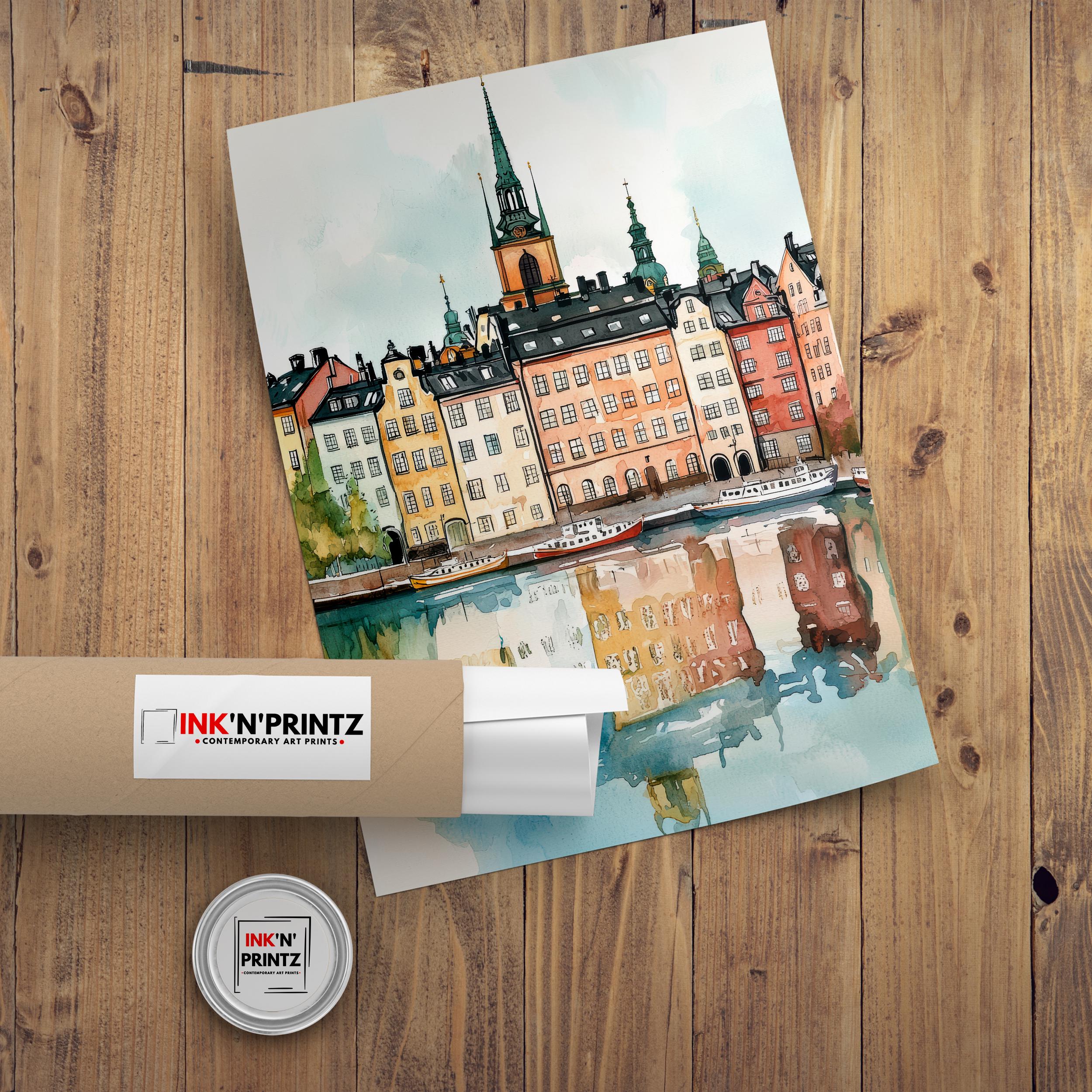 Stockholm Sweden Watercolor Art Print, Gamla Stan Painting, Scandinavia Travel Wall Decor, Cityscape Gift