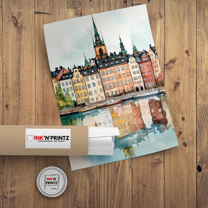 Stockholm Sweden Watercolor Art Print, Gamla Stan Painting, Scandinavia Travel Wall Decor, Cityscape Gift
