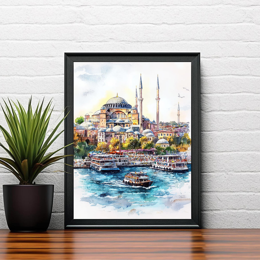 Istanbul Cityscape Watercolor Art Print, Hagia Sophia Painting, Turkey Travel Gift, City Wall Decor