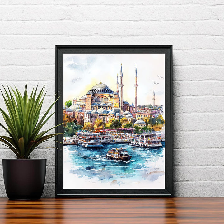 Istanbul Cityscape Watercolor Art Print, Hagia Sophia Painting, Turkey Travel Gift, City Wall Decor