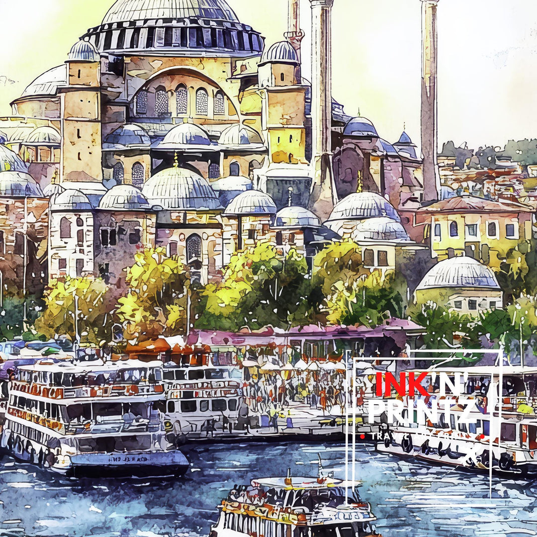 Istanbul Cityscape Watercolor Art Print, Hagia Sophia Painting, Turkey Travel Gift, City Wall Decor