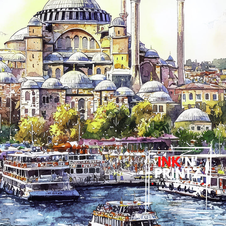 Istanbul Cityscape Watercolor Art Print, Hagia Sophia Painting, Turkey Travel Gift, City Wall Decor