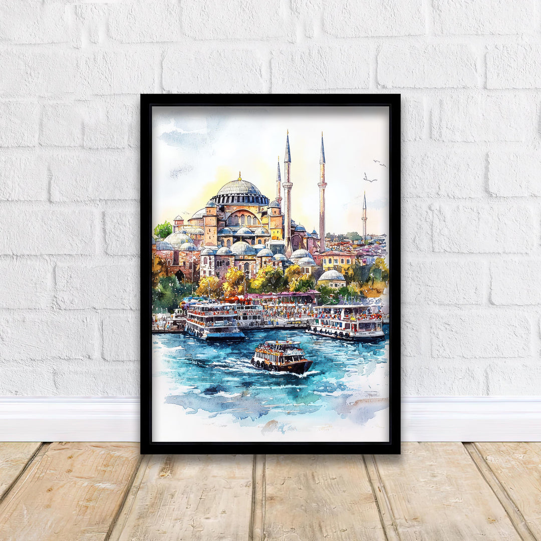 Istanbul Cityscape Watercolor Art Print, Hagia Sophia Painting, Turkey Travel Gift, City Wall Decor