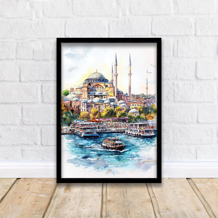 Istanbul Cityscape Watercolor Art Print, Hagia Sophia Painting, Turkey Travel Gift, City Wall Decor