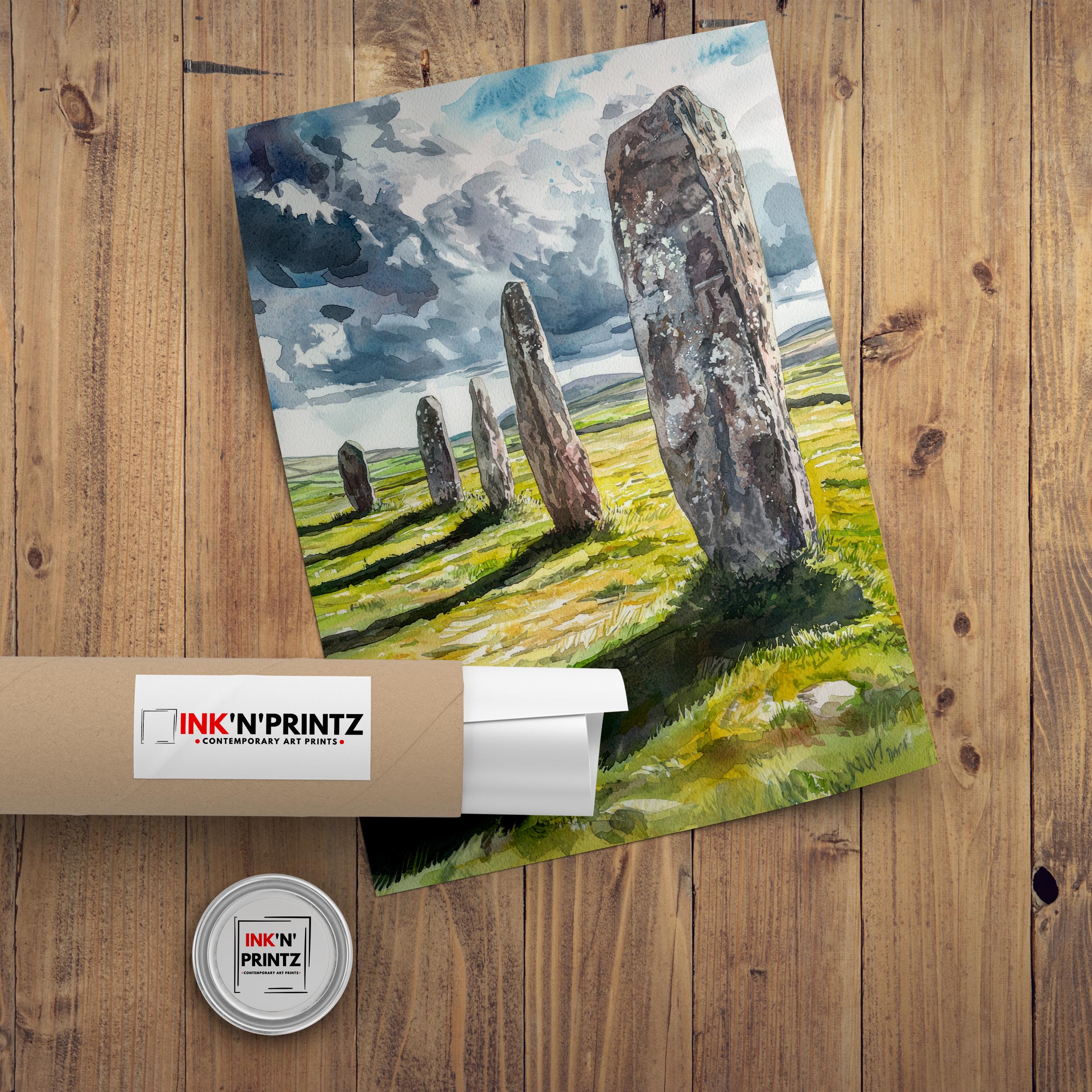 Callanish Standing Stones Watercolor Art Print, Isle of Lewis Painting, Scottish Ancient Monument Wall Decor, History Gift