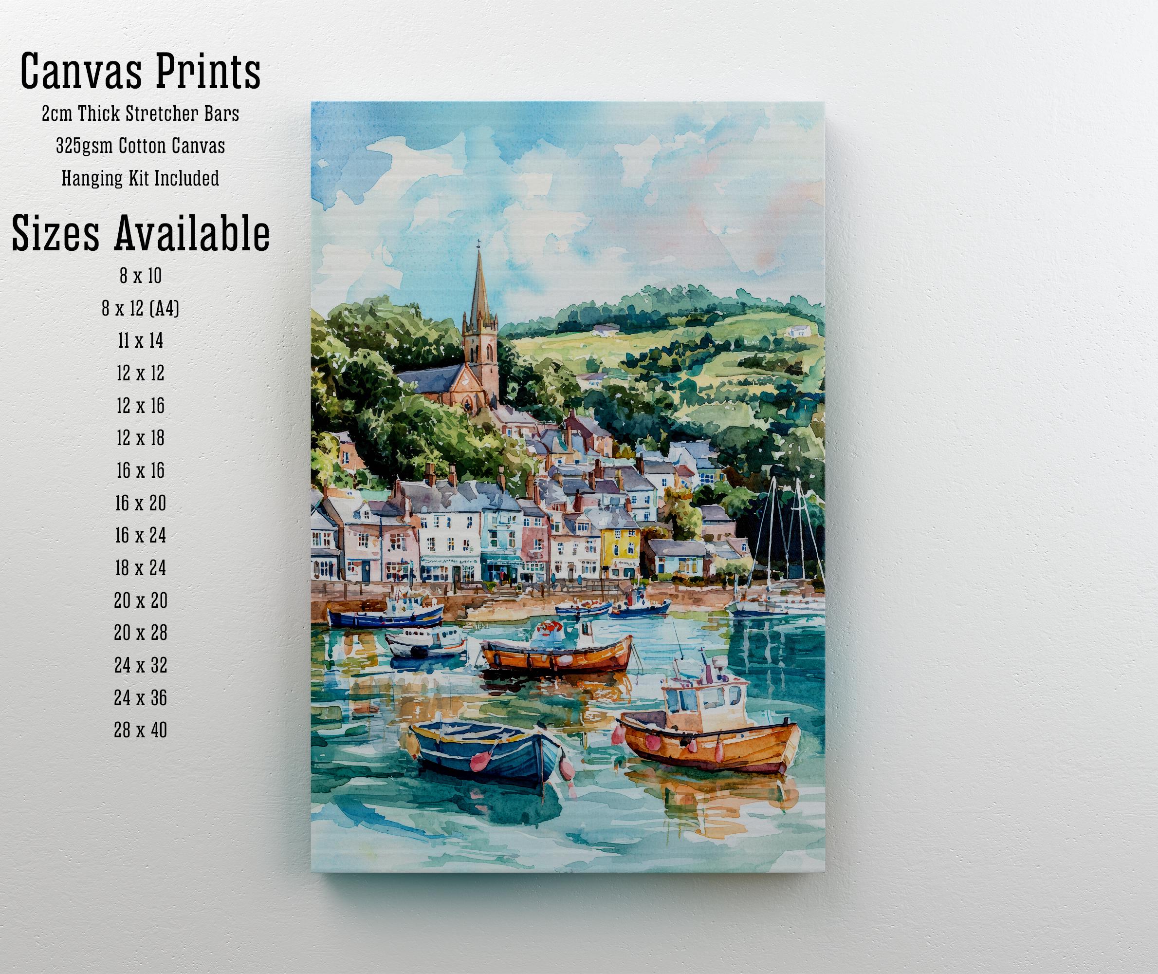 Fowey Cornwall Watercolor Art Print, UK Coastal Painting, English Harbour Wall Decor, Seaside Travel Gift