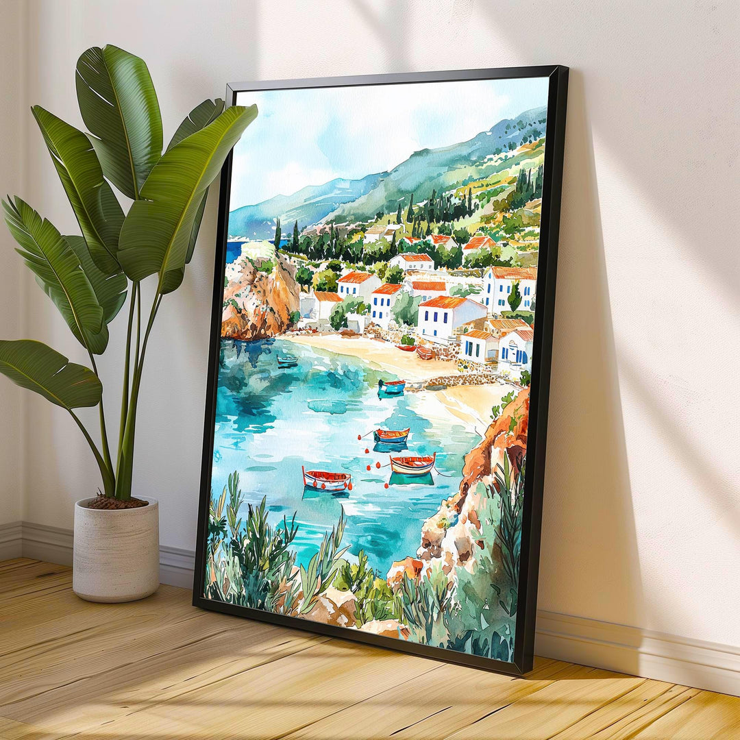 Kefalonia Watercolor Art Print, Myrtos Beach Painting, Greek Island Wall Decor, Ionian Sea Travel Gift