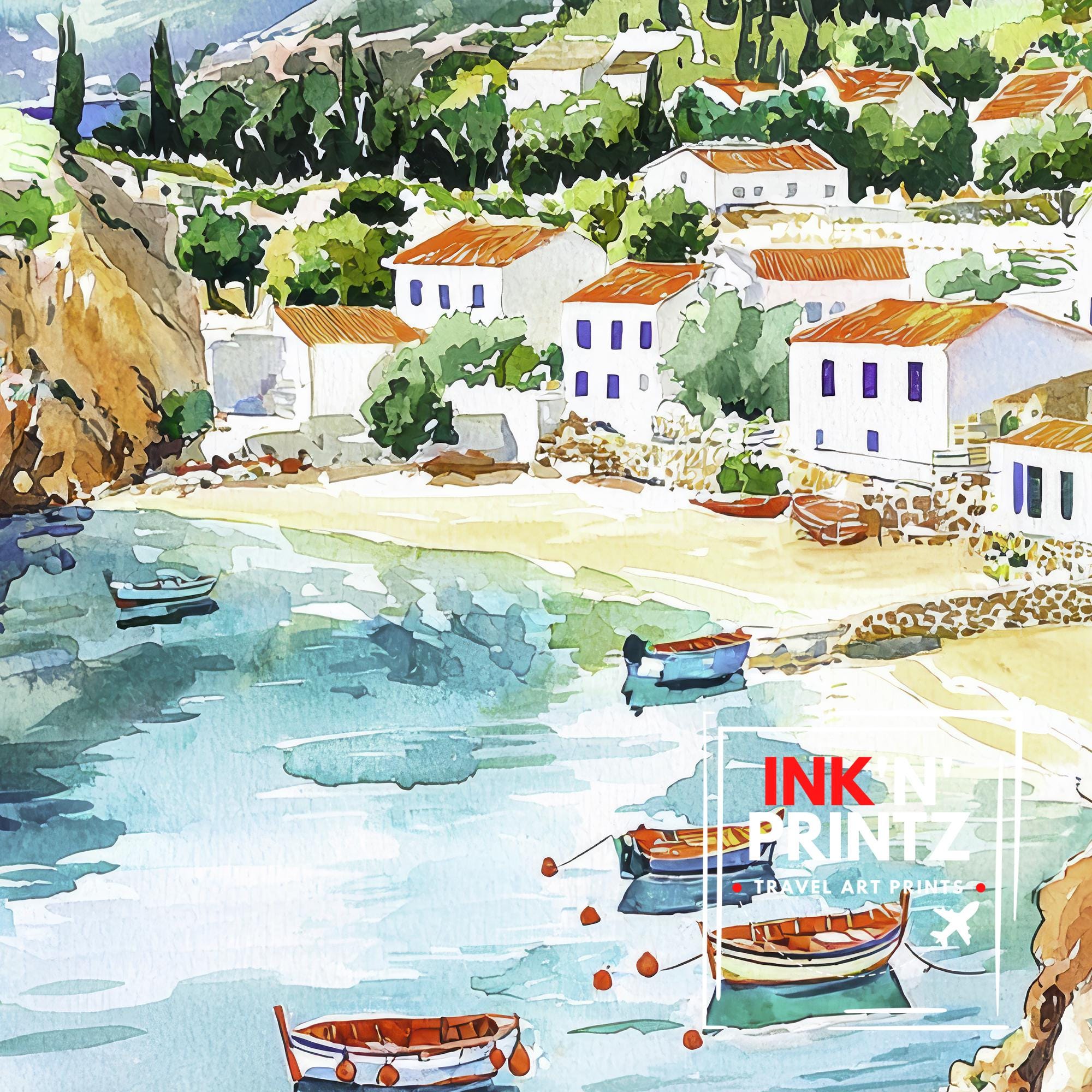 Kefalonia Watercolor Art Print, Myrtos Beach Painting, Greek Island Wall Decor, Ionian Sea Travel Gift