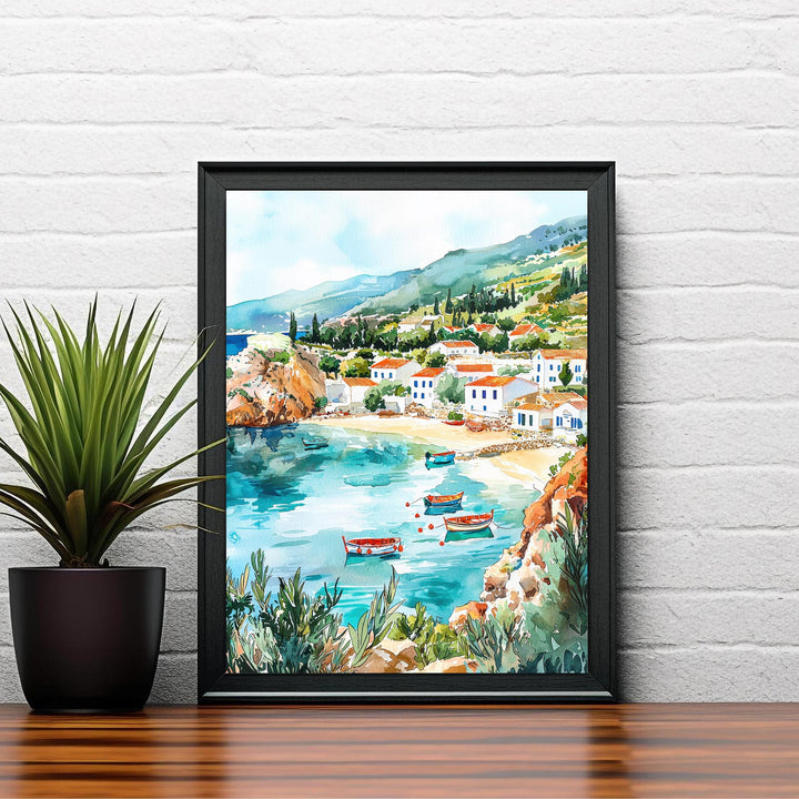 Kefalonia Watercolor Art Print, Myrtos Beach Painting, Greek Island Wall Decor, Ionian Sea Travel Gift