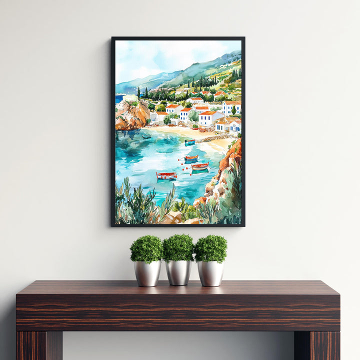 Kefalonia Watercolor Art Print, Myrtos Beach Painting, Greek Island Wall Decor, Ionian Sea Travel Gift