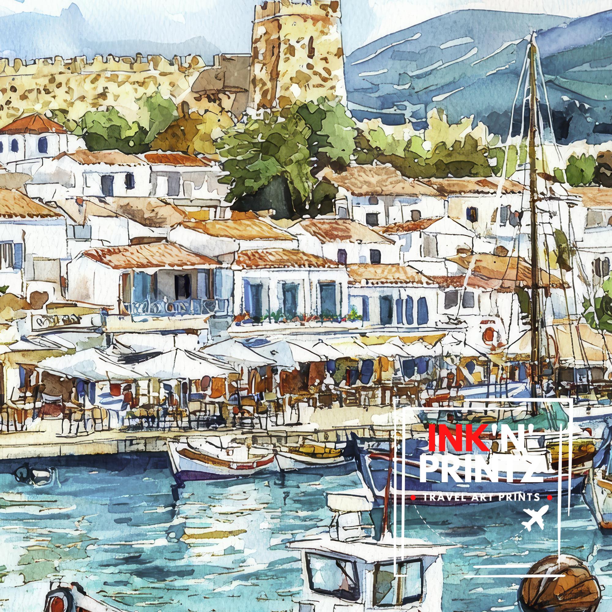 Kos Harbour Watercolor Art Print, Mandraki Port Painting, Greek Island Wall Decor, Coastal Travel Gift