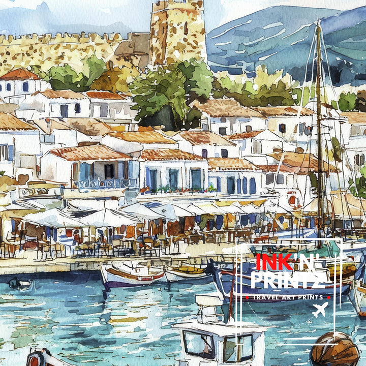 Kos Harbour Watercolor Art Print, Mandraki Port Painting, Greek Island Wall Decor, Coastal Travel Gift