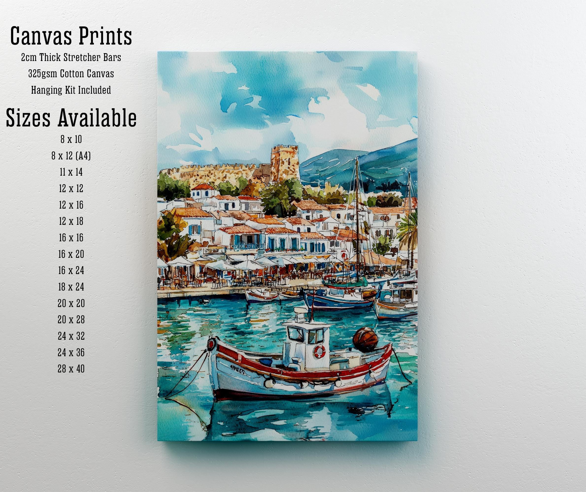 Kos Harbour Watercolor Art Print, Mandraki Port Painting, Greek Island Wall Decor, Coastal Travel Gift