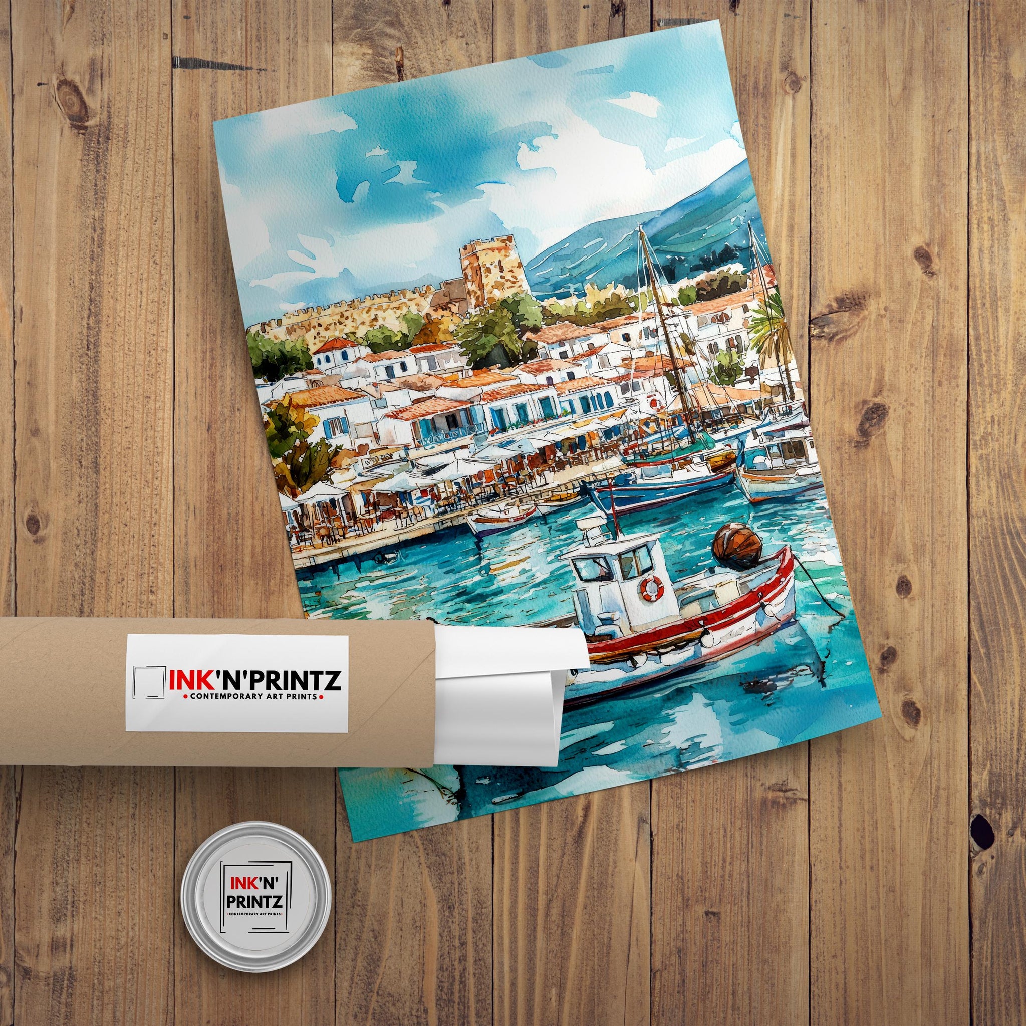 Kos Harbour Watercolor Art Print, Mandraki Port Painting, Greek Island Wall Decor, Coastal Travel Gift