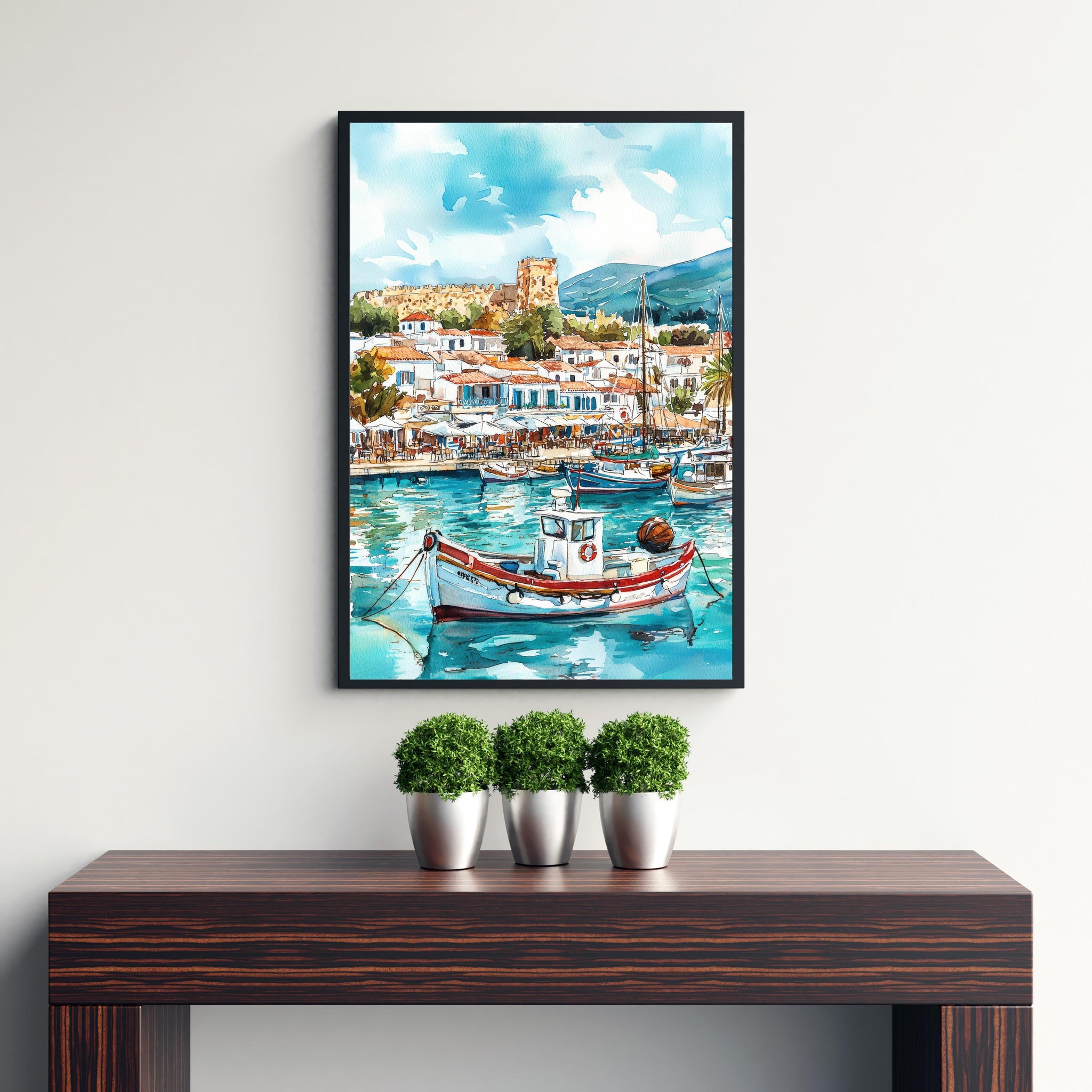 Kos Harbour Watercolor Art Print, Mandraki Port Painting, Greek Island Wall Decor, Coastal Travel Gift