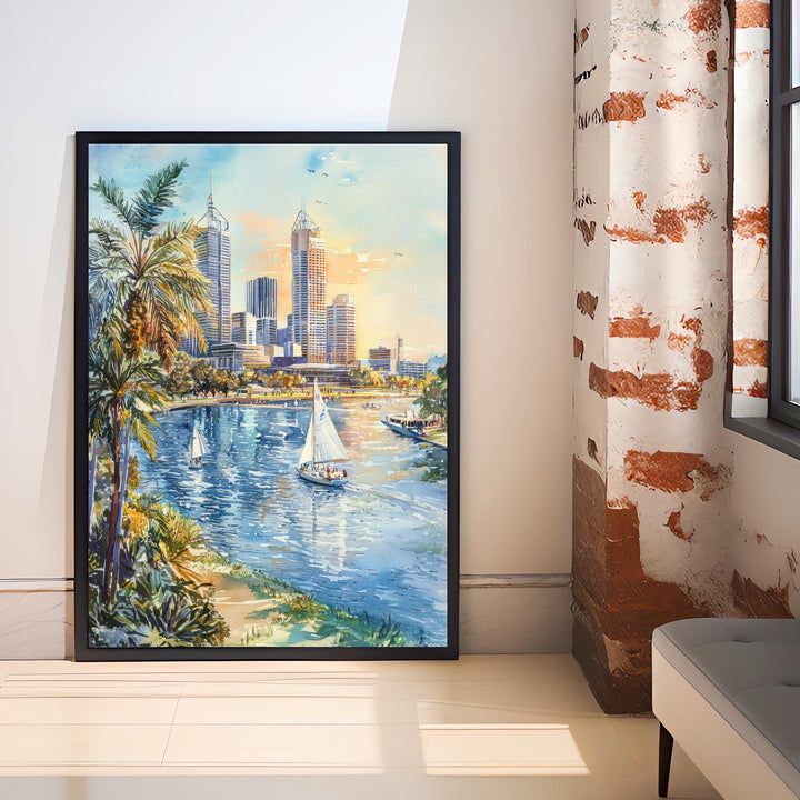 Perth Australia Watercolor Art Print, Swan River Painting, Cityscape Wall Decor, Australian Travel Gift