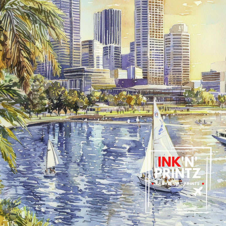 Perth Australia Watercolor Art Print, Swan River Painting, Cityscape Wall Decor, Australian Travel Gift