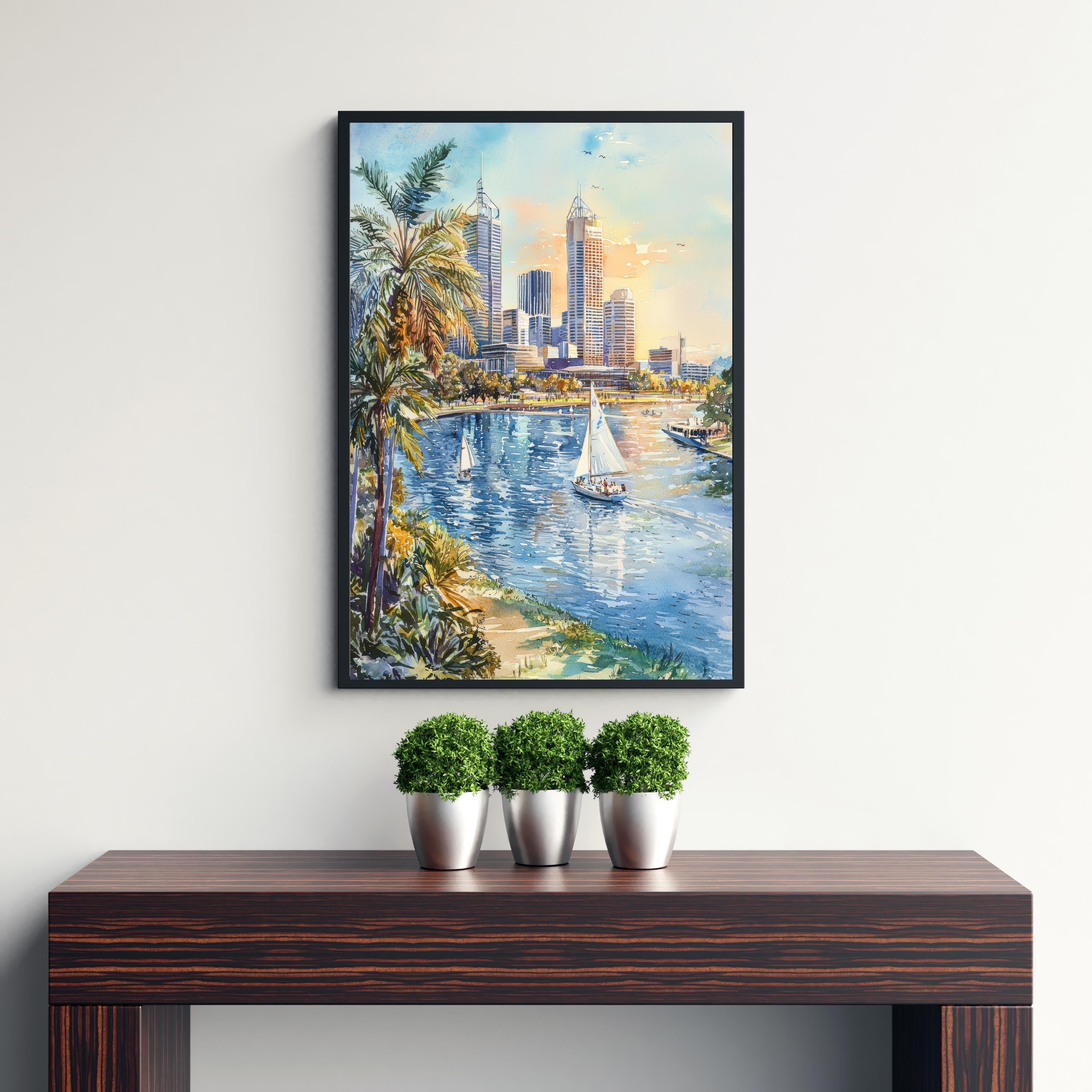 Perth Australia Watercolor Art Print, Swan River Painting, Cityscape Wall Decor, Australian Travel Gift