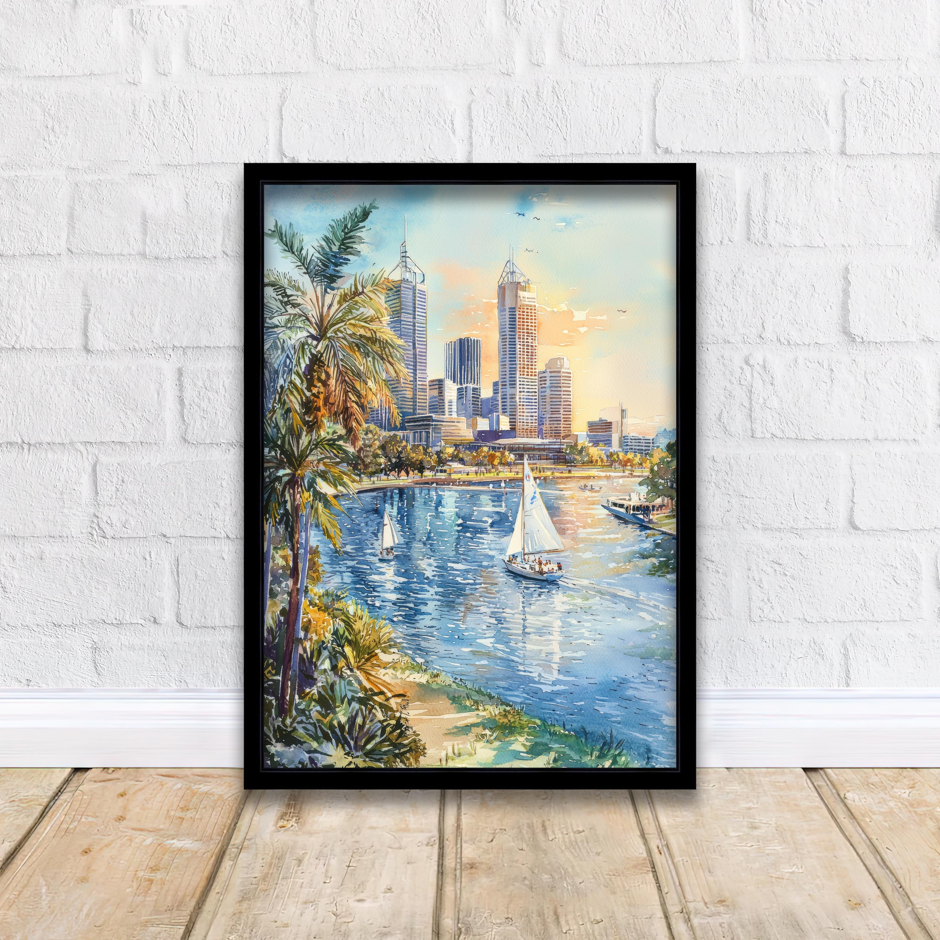 Perth Australia Watercolor Art Print, Swan River Painting, Cityscape Wall Decor, Australian Travel Gift