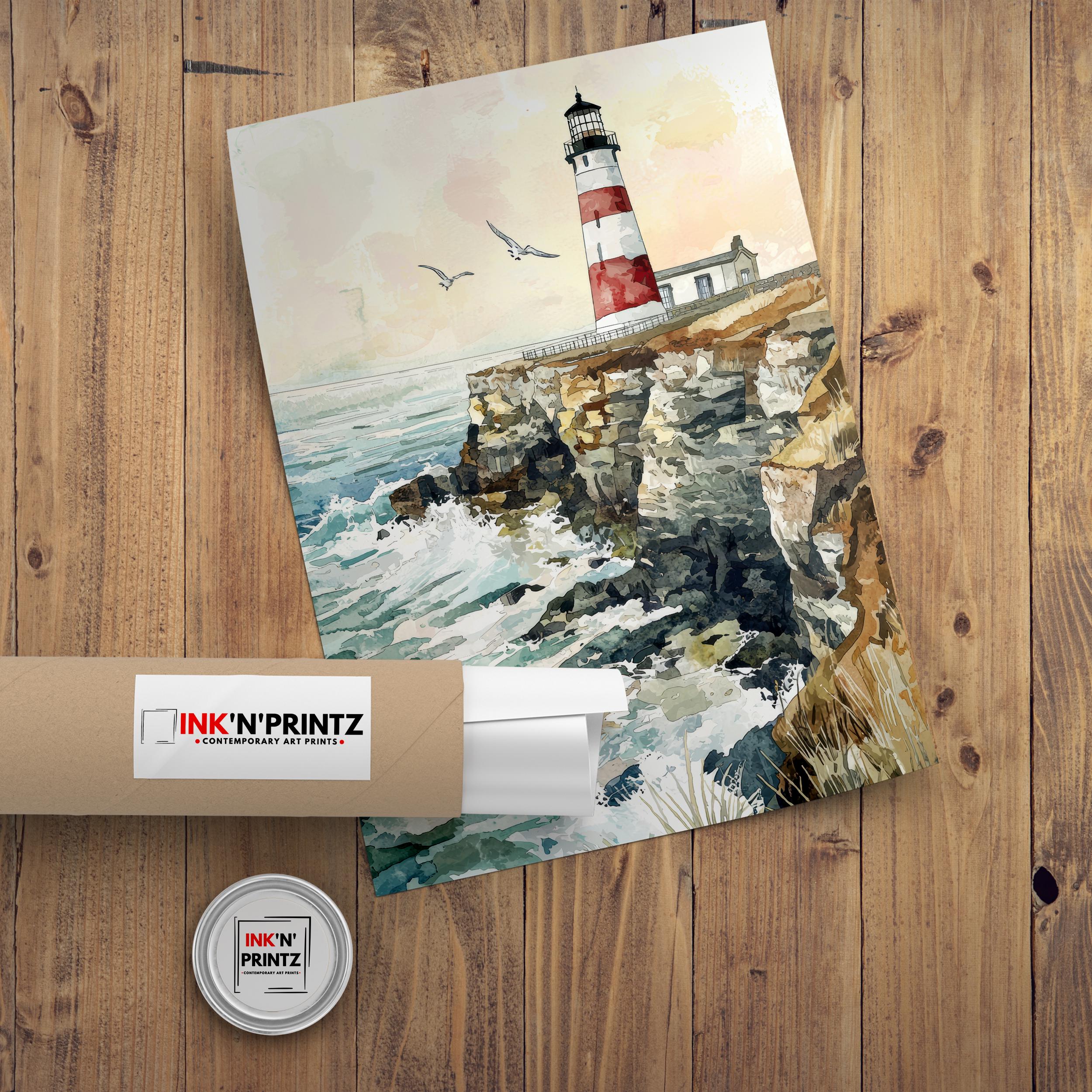 Portland Bill Lighthouse Watercolor Art Print, Dorset Coastal Painting, Jurassic Coast Wall Decor, Lighthouse Gift