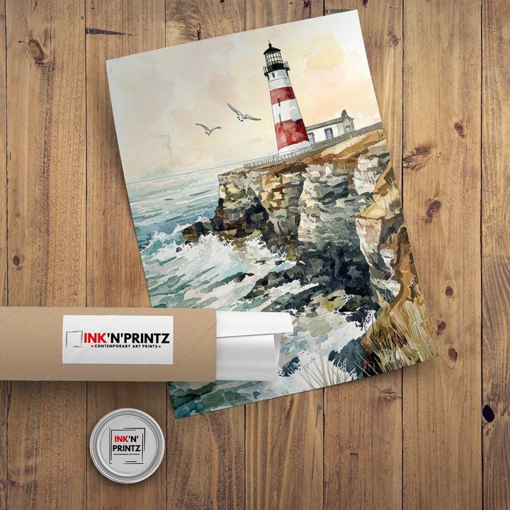 Portland Bill Lighthouse Watercolor Art Print, Dorset Coastal Painting, Jurassic Coast Wall Decor, Lighthouse Gift