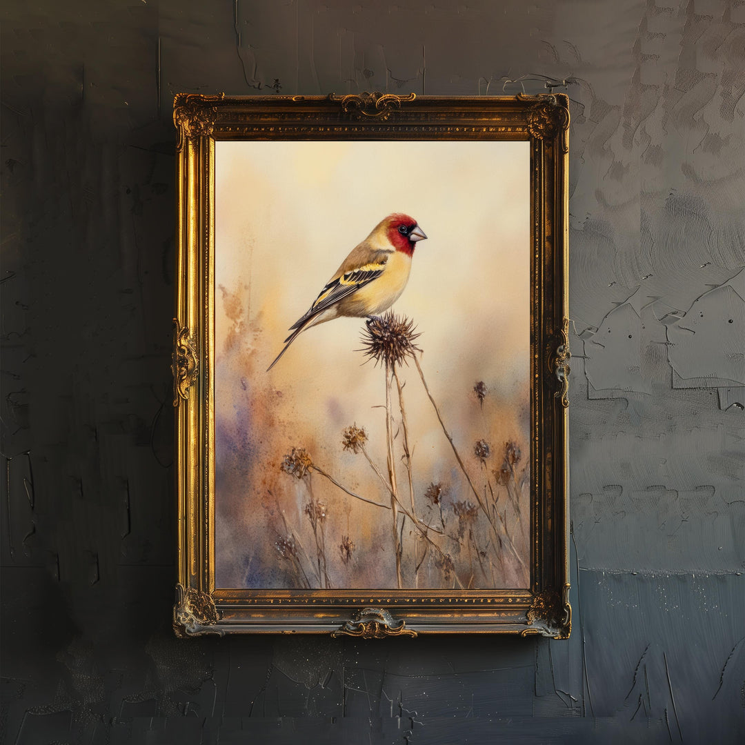 Goldfinch Watercolor Print Cottagecore Decor Dark Academia Art Enchanted Wildlife Illustration Vintage Nature Wall Art