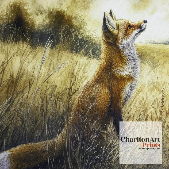 Fox in a Field Watercolor Print Cottagecore Decor Dark Academia Art Enchanted Wildlife Illustration Vintage Nature Wall Art